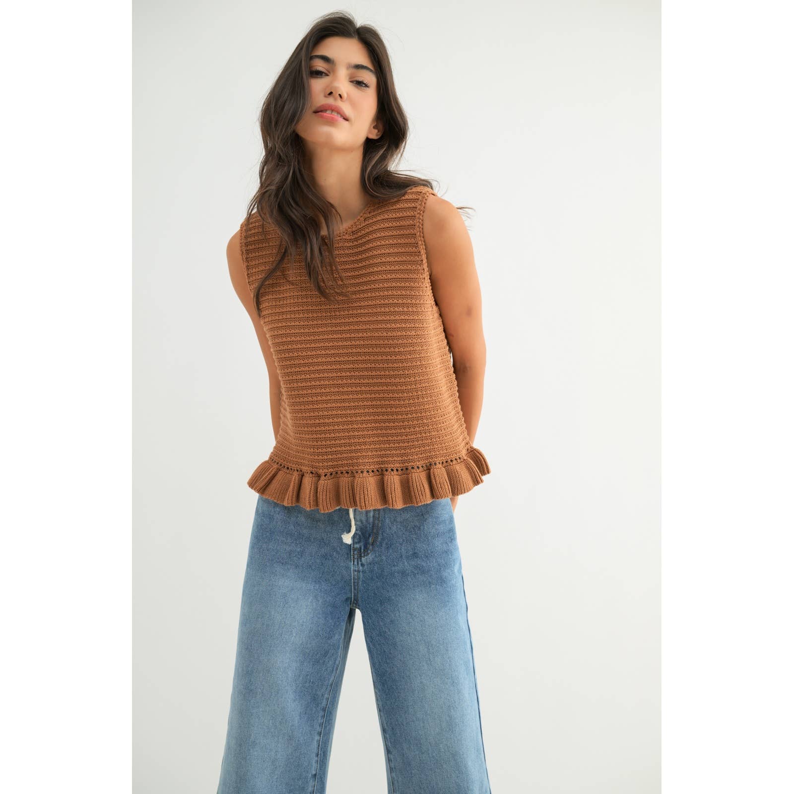 Ava Ruffle Hem Sweater Top || Camel
