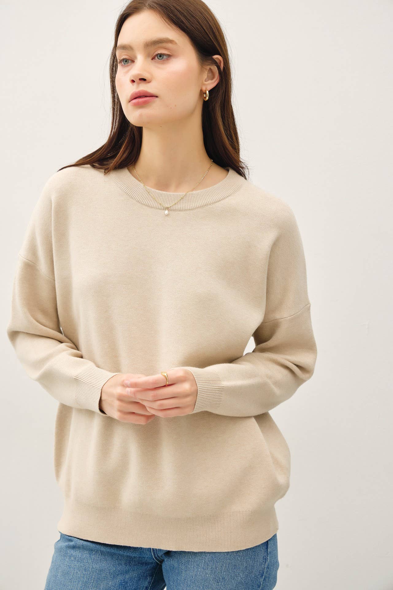 BASIC BLOUSON SLEEVE PULLOVER SWEATER | Cream Beige