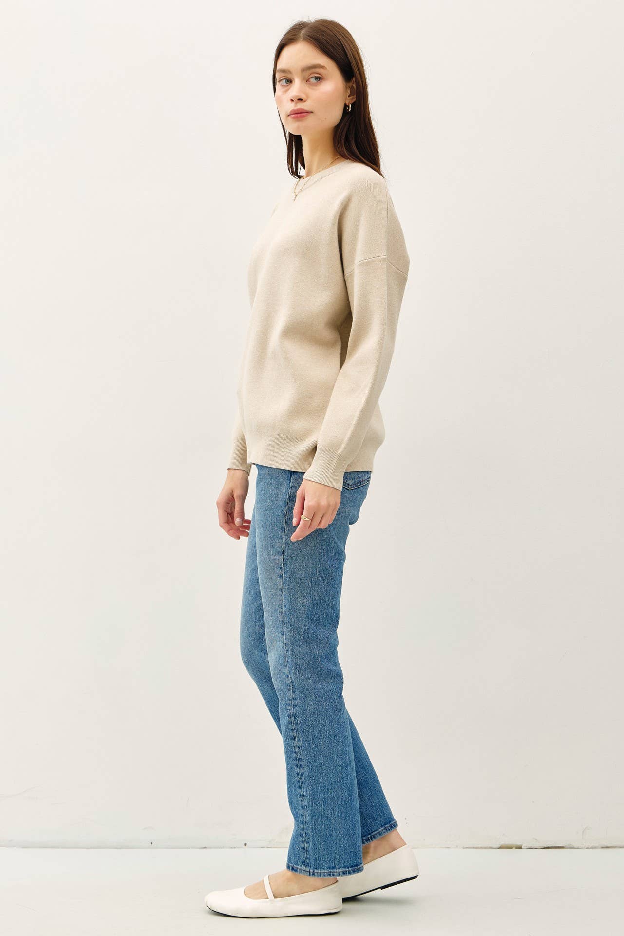 BASIC BLOUSON SLEEVE PULLOVER SWEATER | Cream Beige