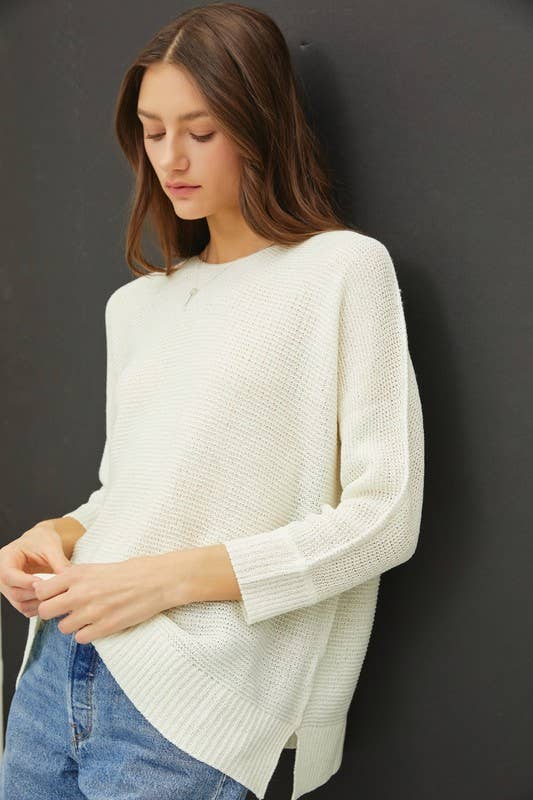 CLASSIC PULLOVER 3/4 SLEEVE KNIT SWEATER | IVORY