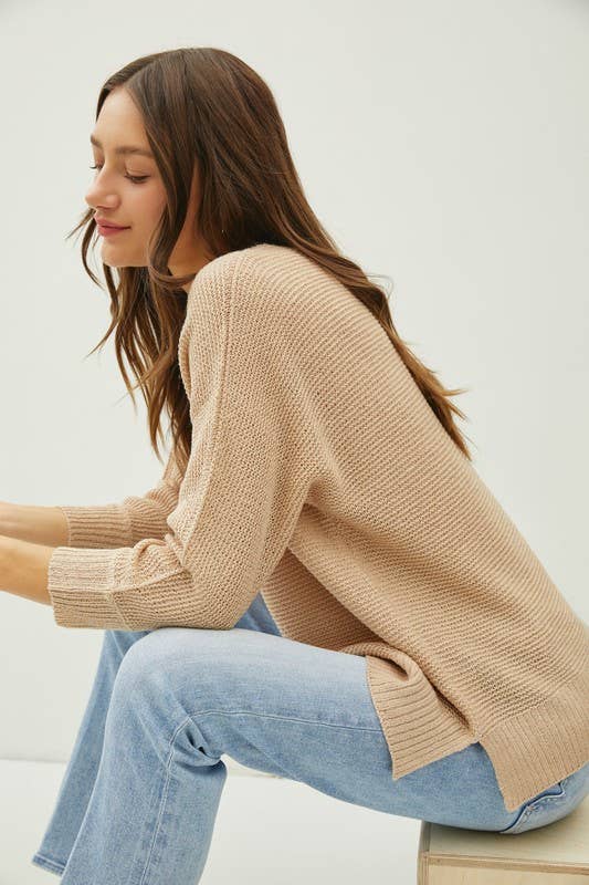 CLASSIC PULLOVER 3/4 SLEEVE KNIT SWEATER | Taupe