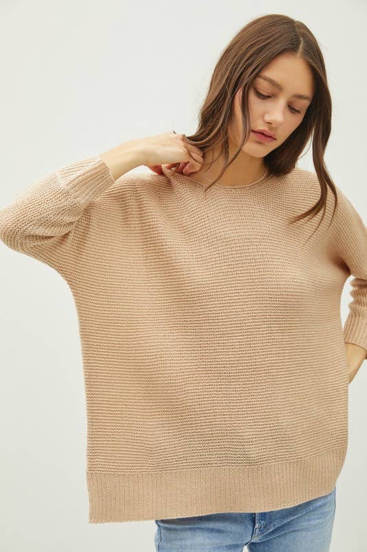 CLASSIC PULLOVER 3/4 SLEEVE KNIT SWEATER | Taupe