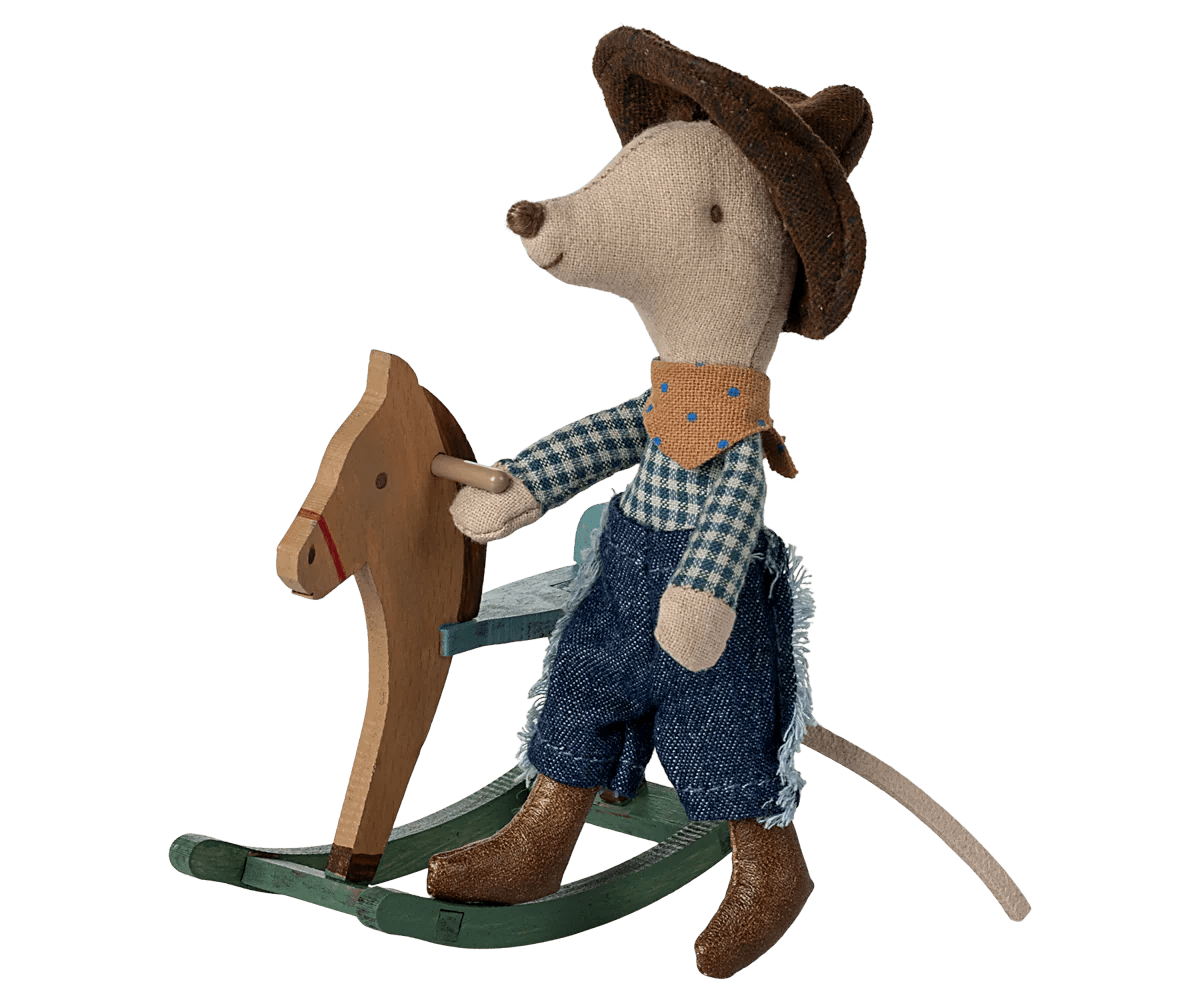 Cowboy mouse on rocking horse, Little brother