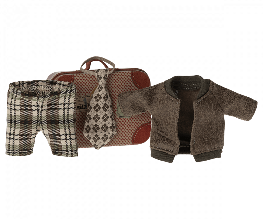 Jacket, pants and tie in suitcase, Grandpa mouse