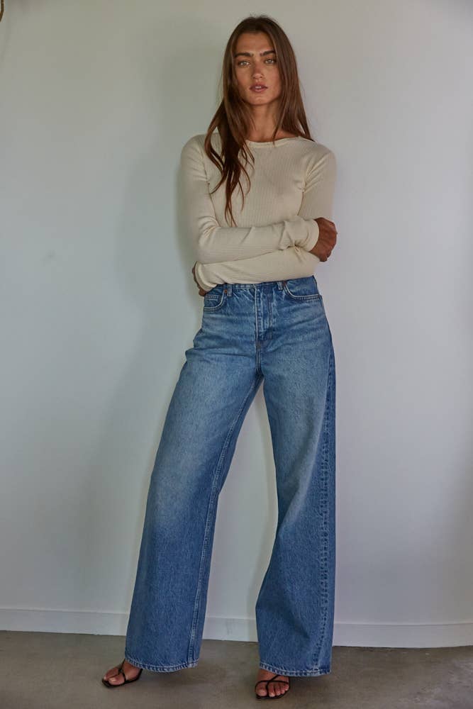 Knit Ribbed Long Sleeve Top | Peach Cream