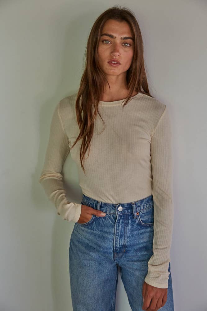 Knit Ribbed Long Sleeve Top | Peach Cream