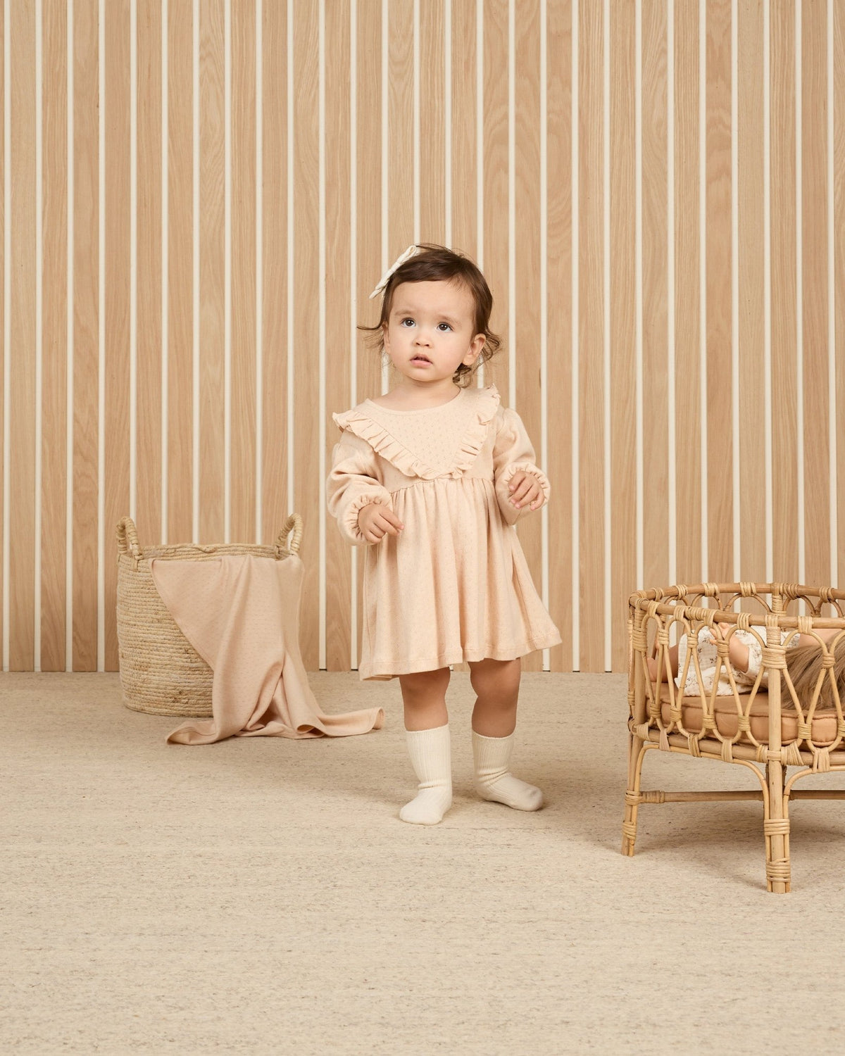 long sleeve shell dress Long Sleeve Ruffle V Dress in shell