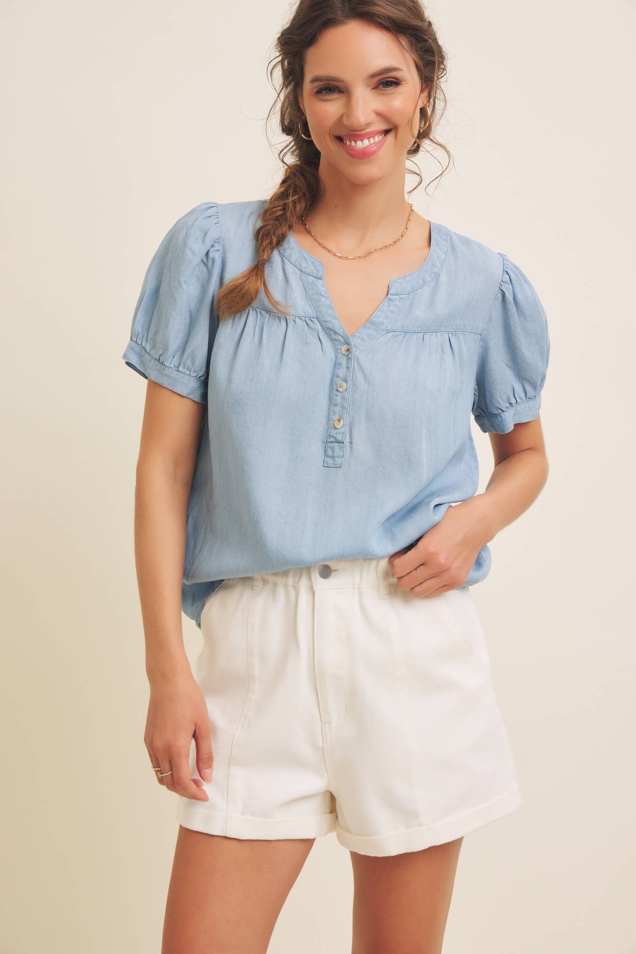 Mineral Washed Tencel Blouse Top with Puff Sleeves