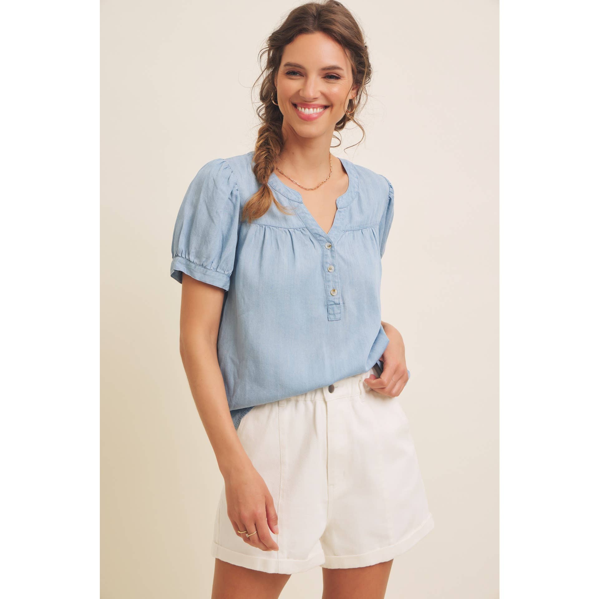 Mineral Washed Tencel Blouse Top with Puff Sleeves