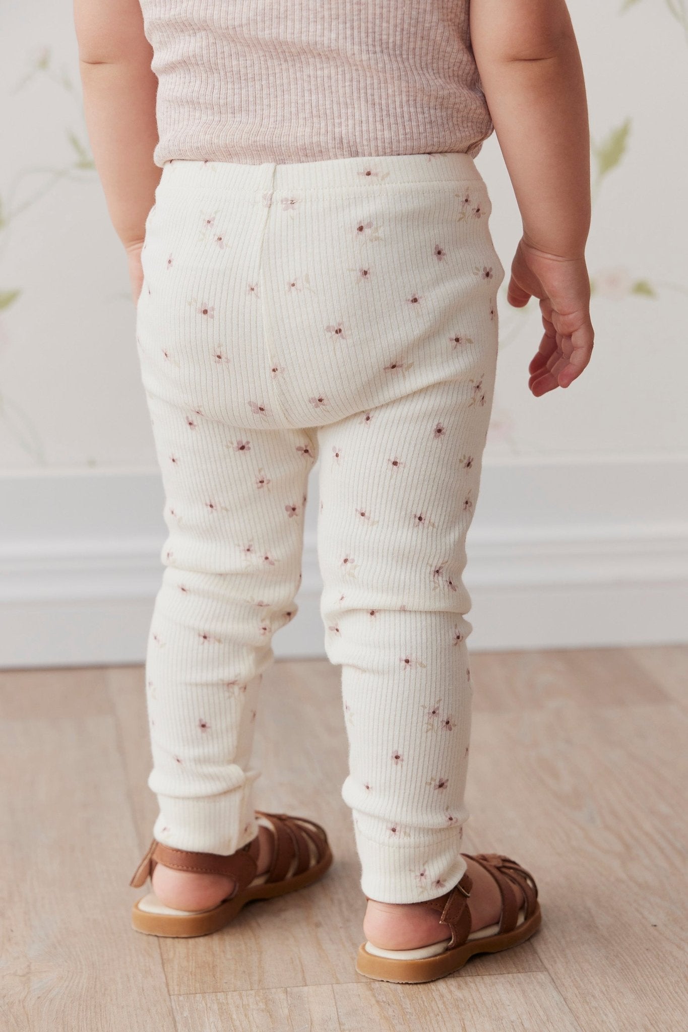 Organic Cotton Fine Rib Legging - Simple Flowers Egret