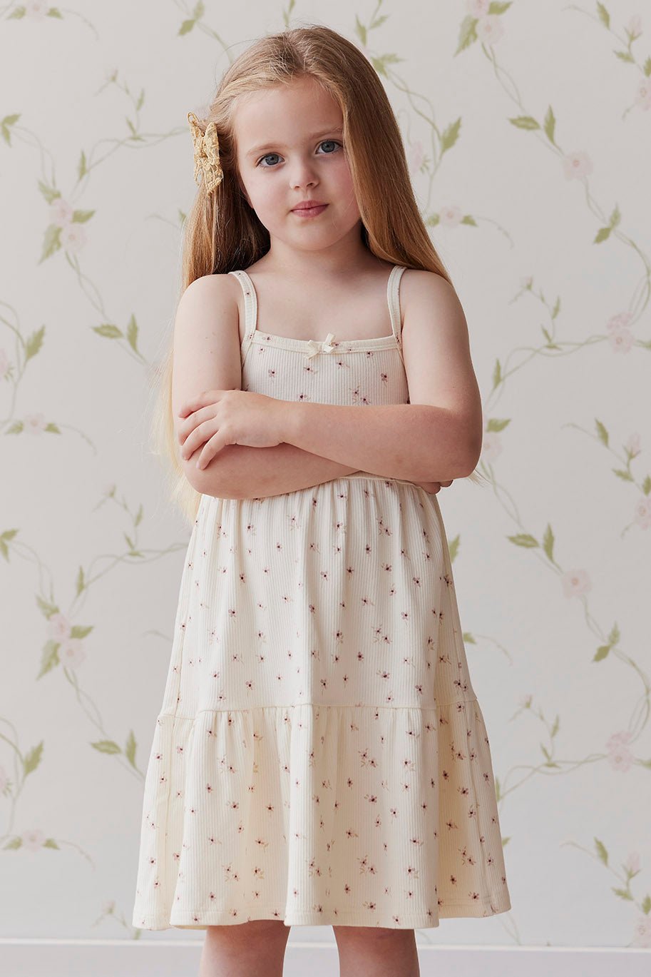 Organic Cotton Fine Rib Matilda Dress - Simple Flowers Egret