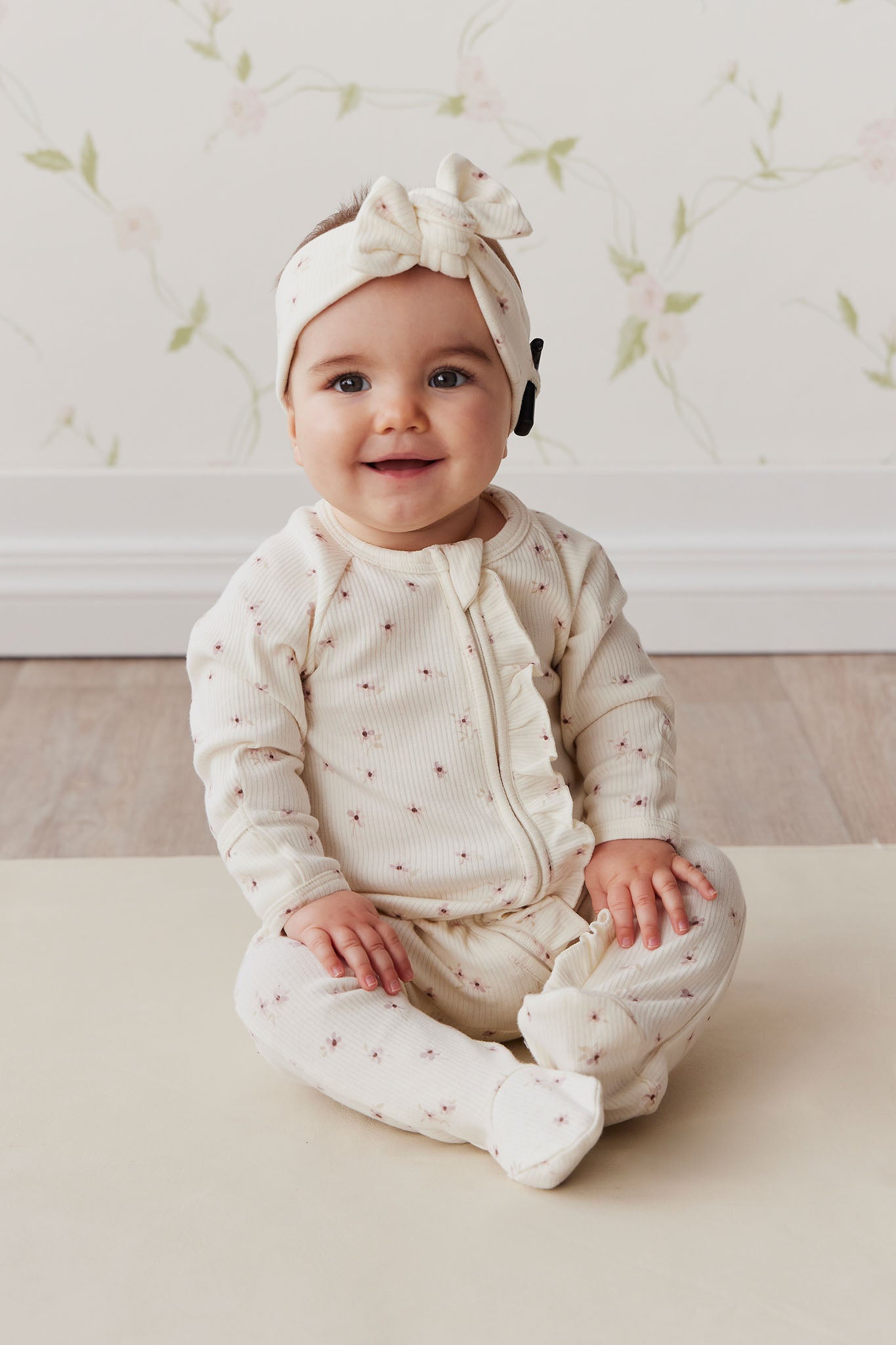 Organic Cotton Fine Rib Melanie Zip Onepiece | Simple Flowers Egret