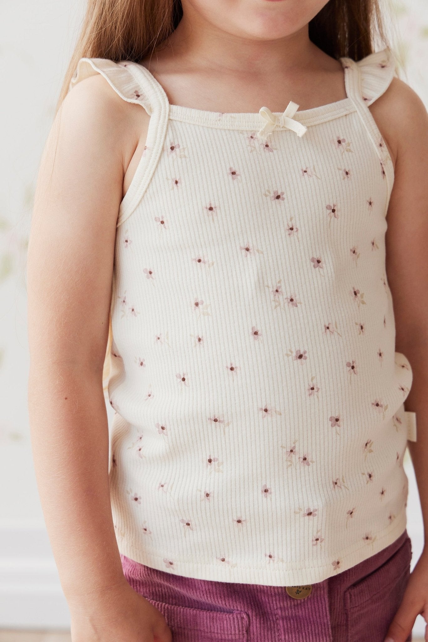 Organic Cotton Fine Rib Tegan Top - Simple Flowers Egret