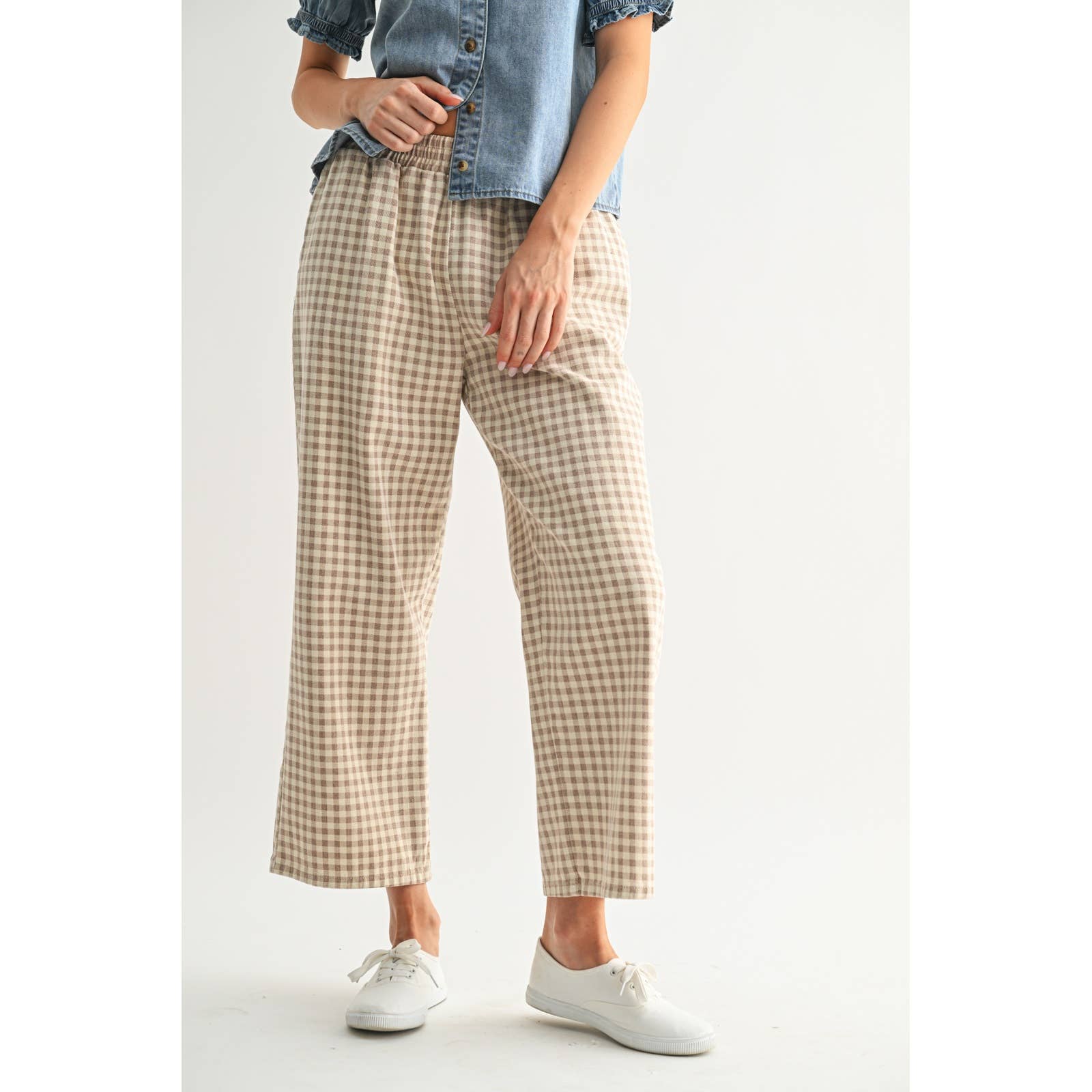 Plaid Pull On Pants || Cream/Taupe