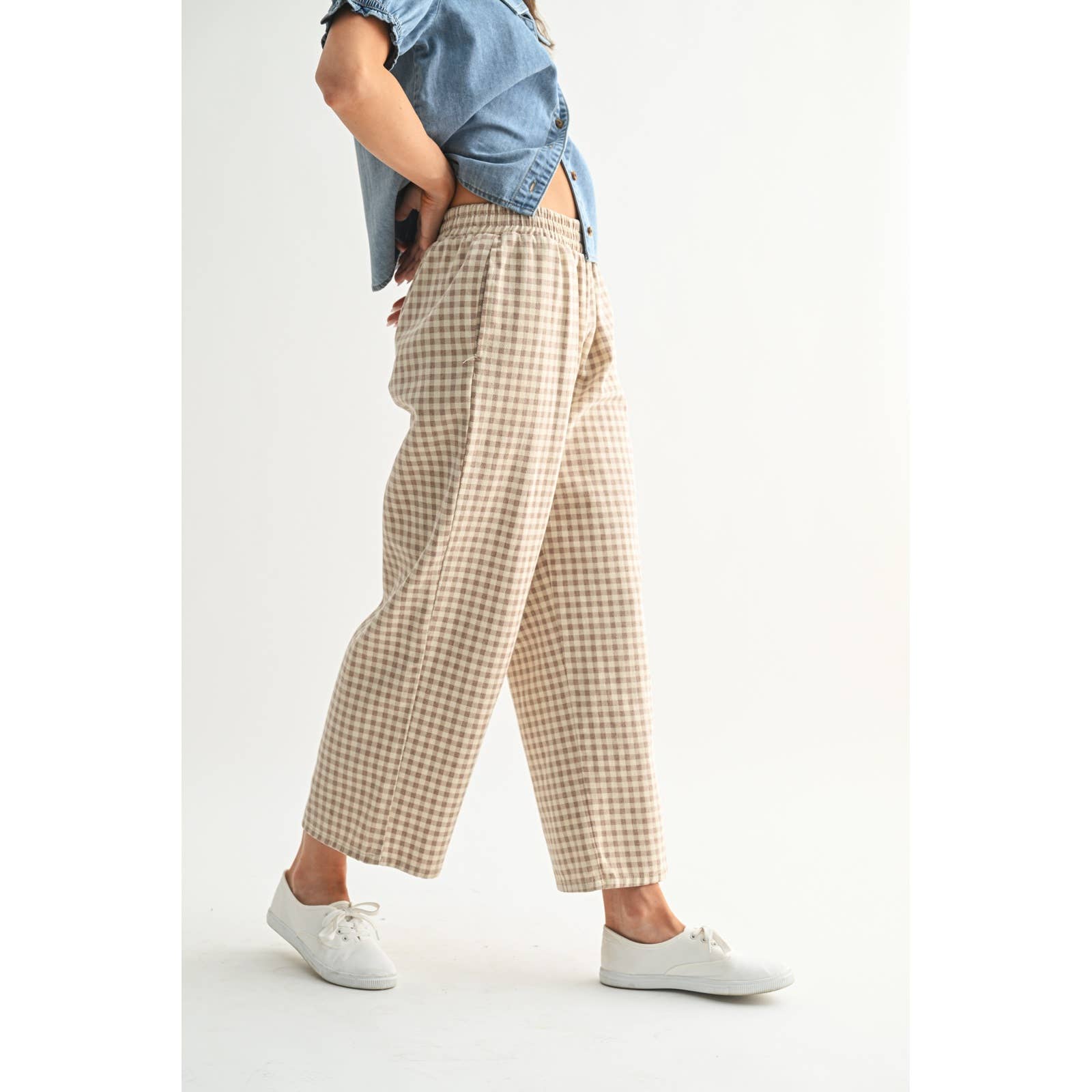 Plaid Pull On Pants || Cream/Taupe