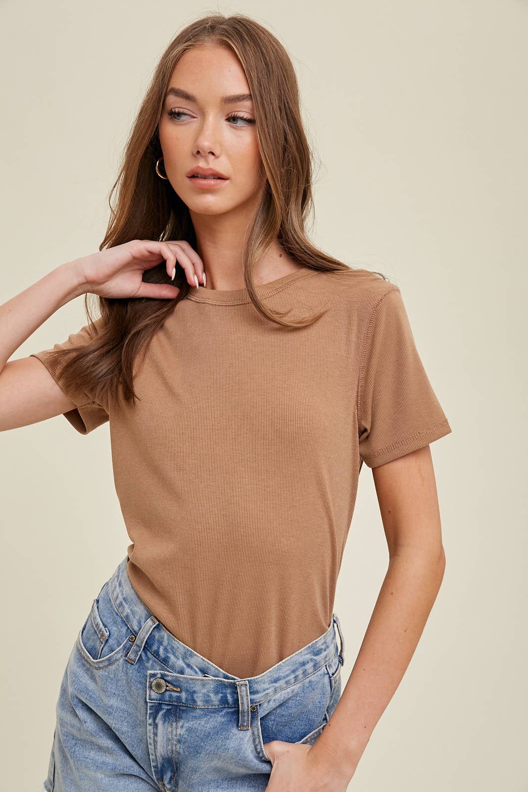 Ribbed Knit Basic T-Shirt || Camel