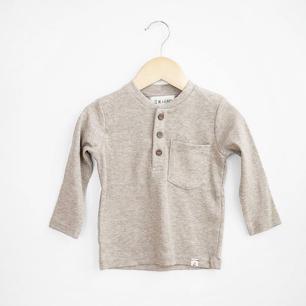 Heathered Beige Ribbed Henley - LAST 12Y & 13Y