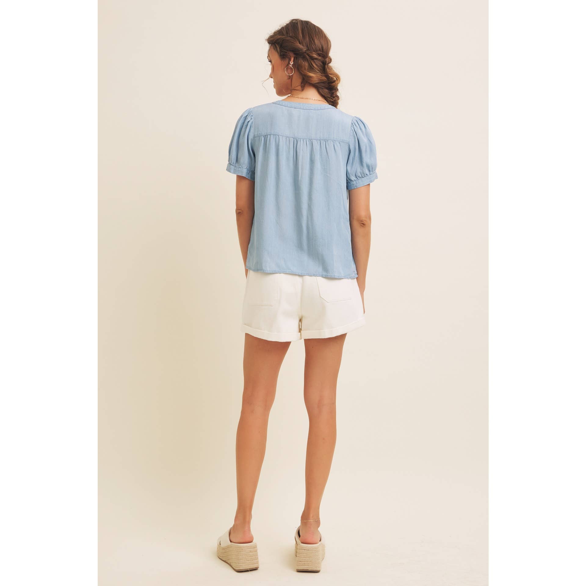Mineral Washed Tencel Blouse Top with Puff Sleeves