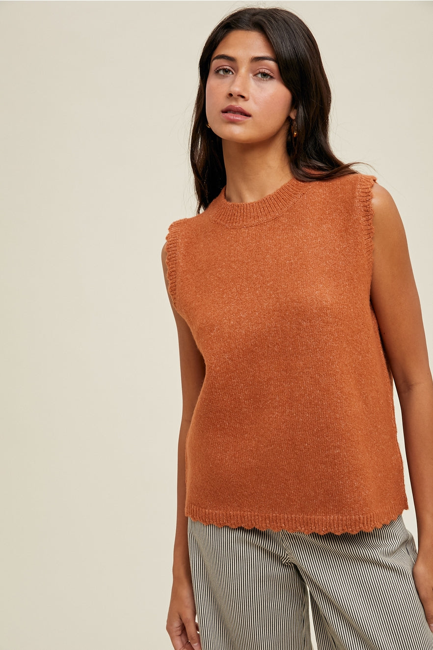 Scalloped Knit Sweater Vest || Rust