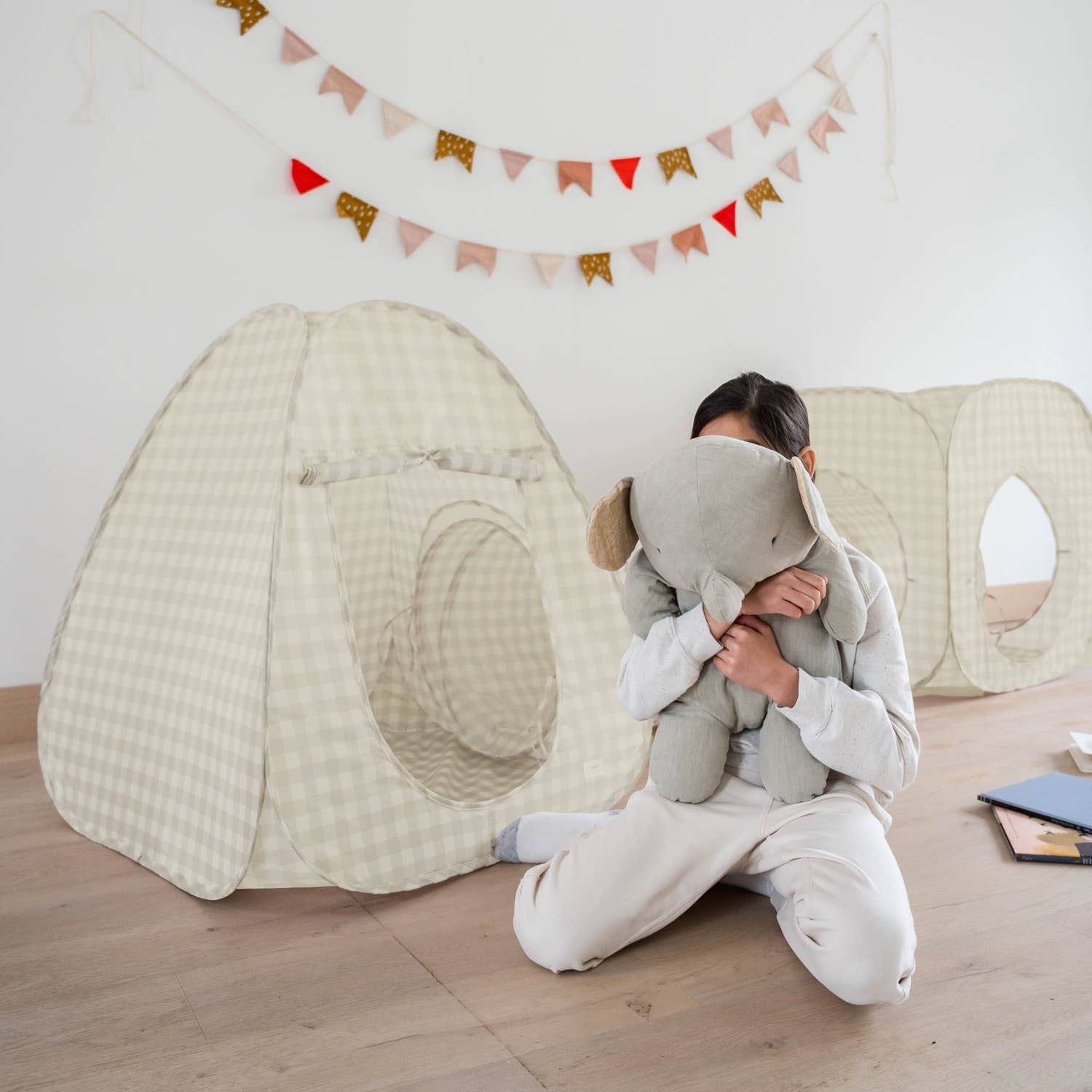 3-in-1 Play Tent & Tunnel Set || Gingham Beige