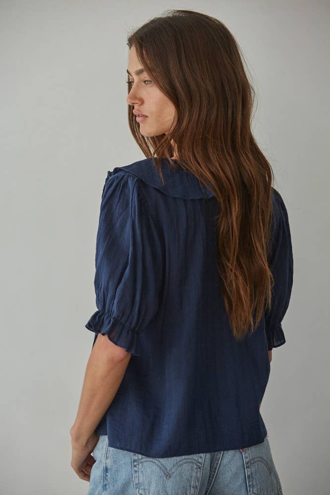 Woven Cotton Button-down Blouse || Navy