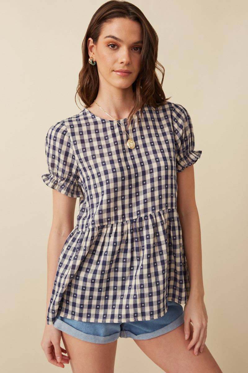 Navy Gingham Peplum Top