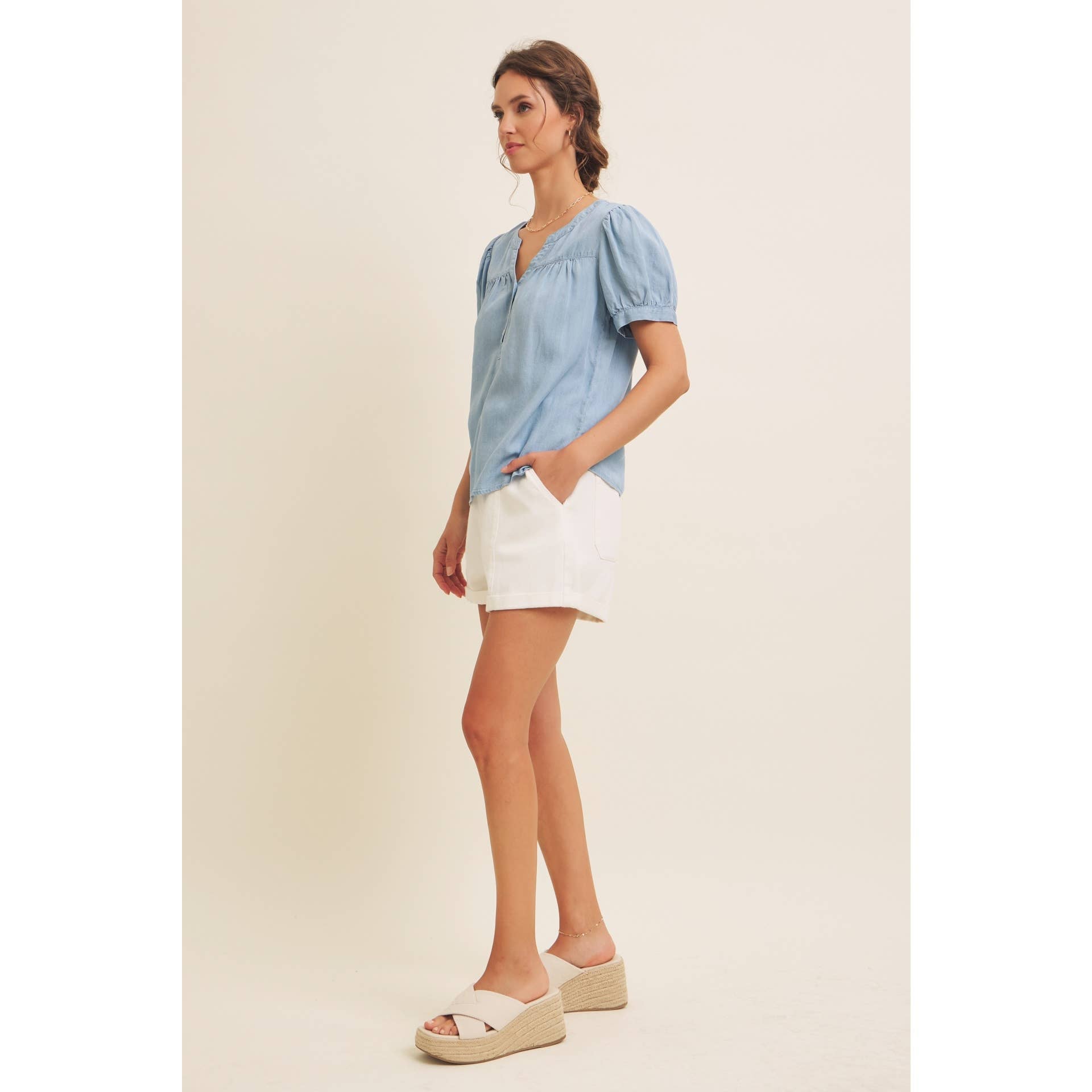 Mineral Washed Tencel Blouse Top with Puff Sleeves