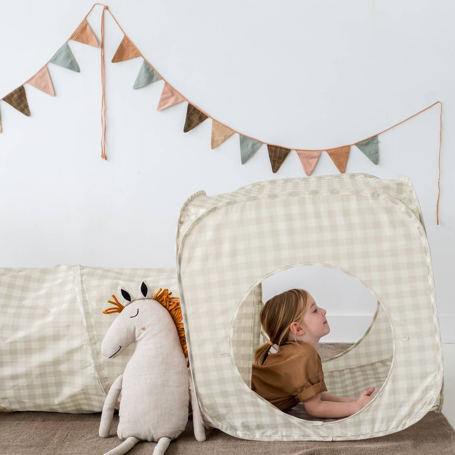 3-in-1 Play Tent & Tunnel Set || Gingham Beige
