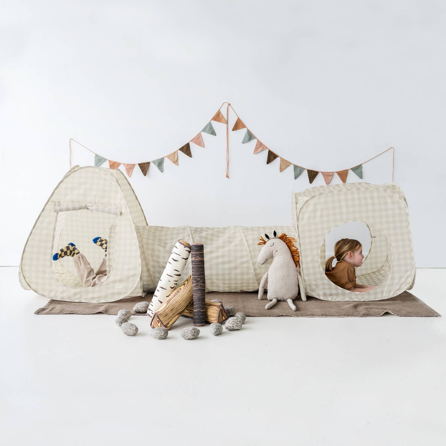3-in-1 Play Tent & Tunnel Set || Gingham Beige
