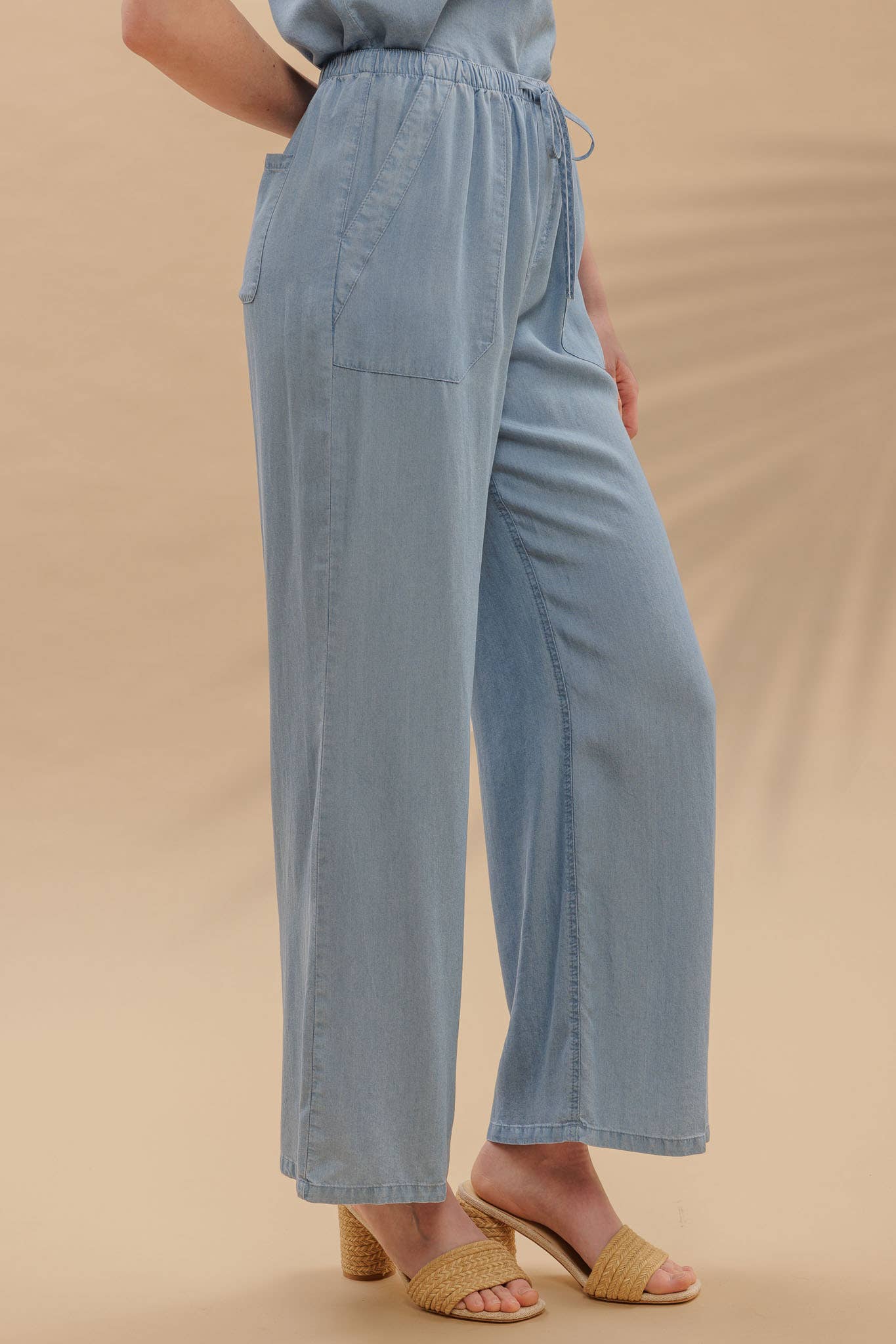 Drawstring Wide Leg Chambray Pants