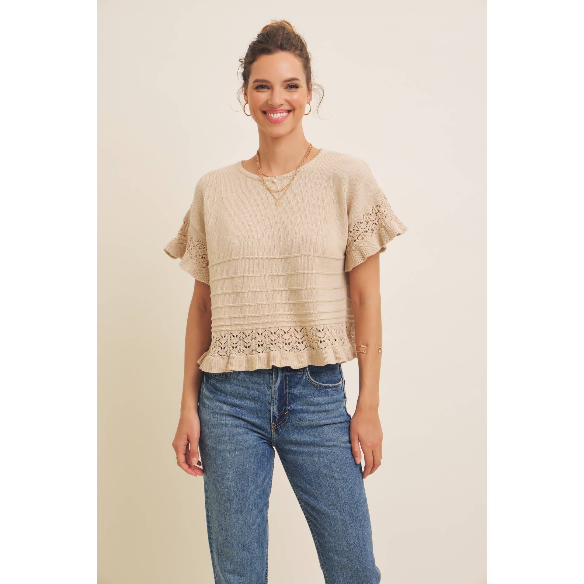 Pointelle Short-Sleeved Ruffle Hem Sweater Top