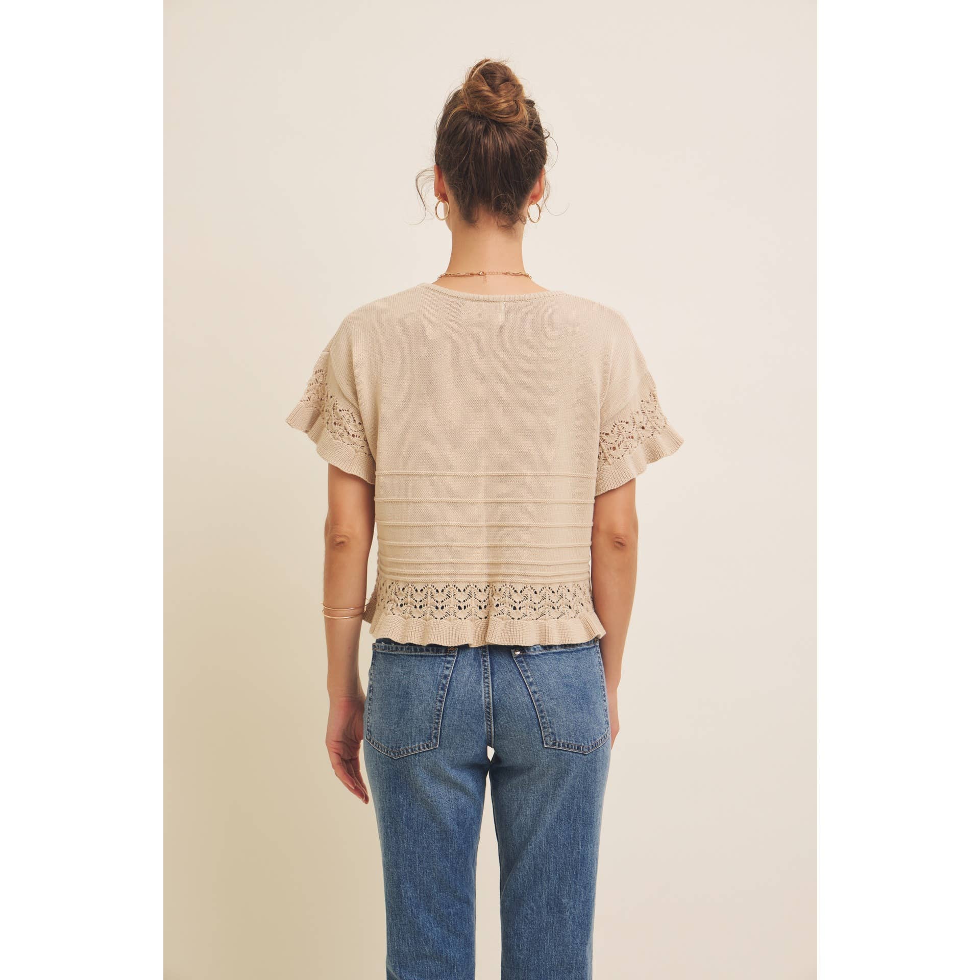 Pointelle Short-Sleeved Ruffle Hem Sweater Top