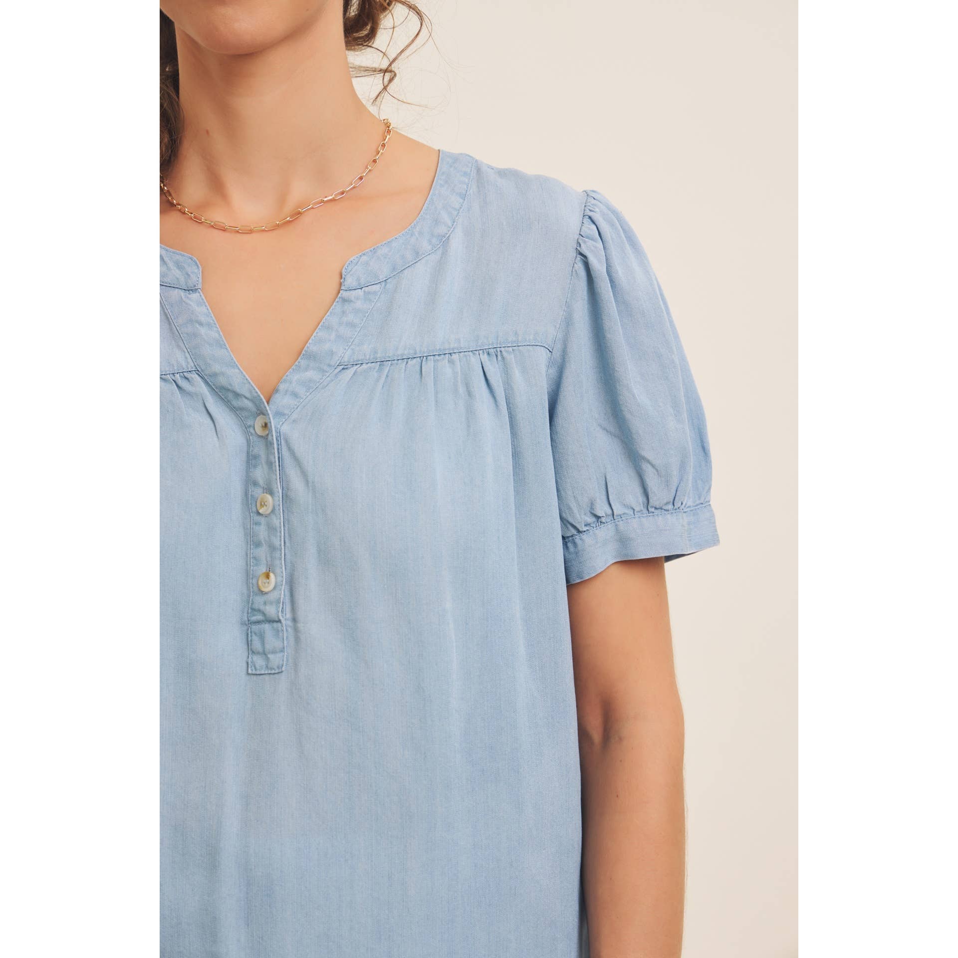 Mineral Washed Tencel Blouse Top with Puff Sleeves