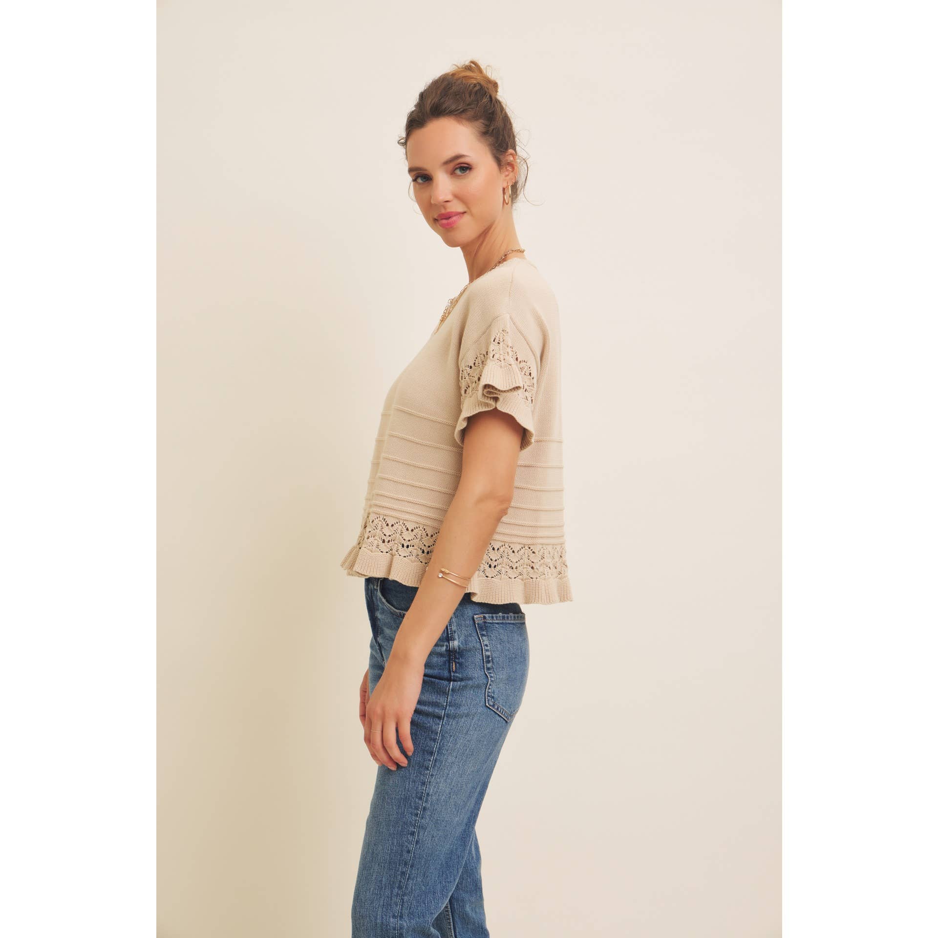 Pointelle Short-Sleeved Ruffle Hem Sweater Top