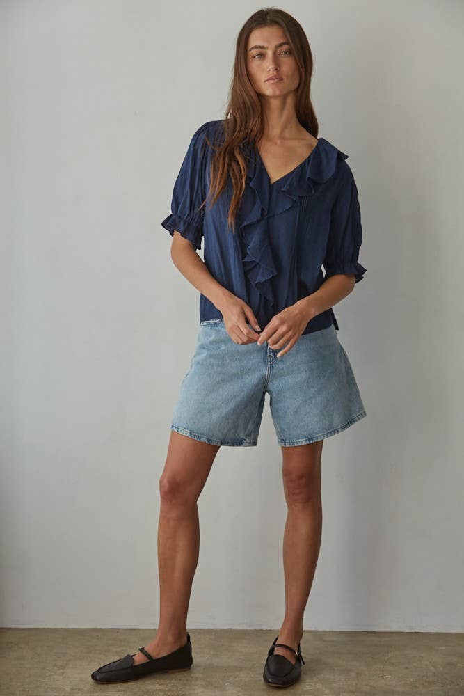 Ruffle Button-down Blouse || Navy