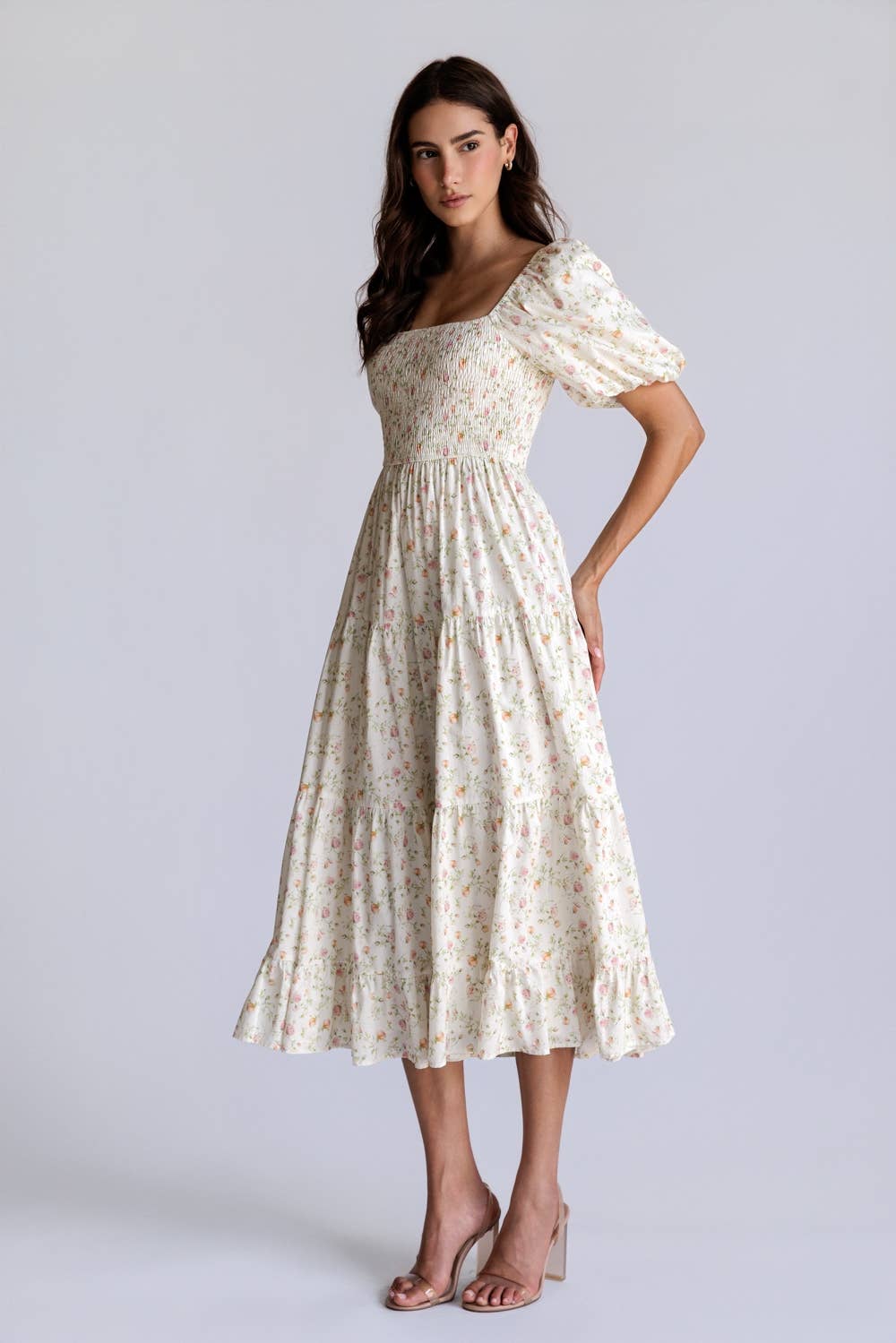 dana floral smocked bodice stretch cotton midi dress Miami Smocked Bodice Floral Midi Dress Light Olive / L