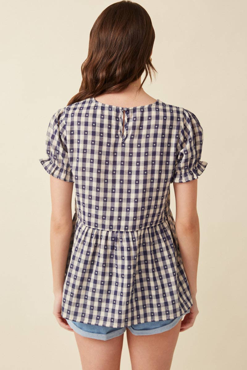 Navy Gingham Peplum Top
