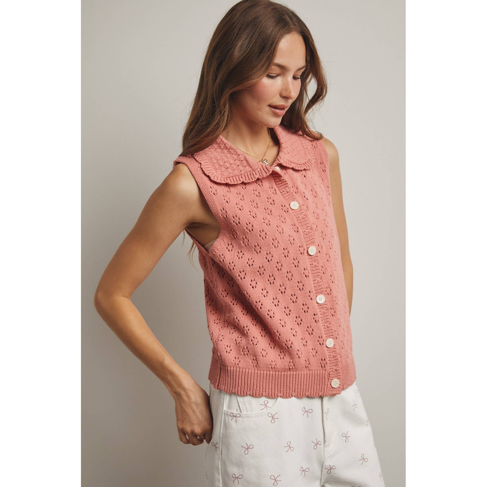 Maren Pointelle Knit Vest || Rose