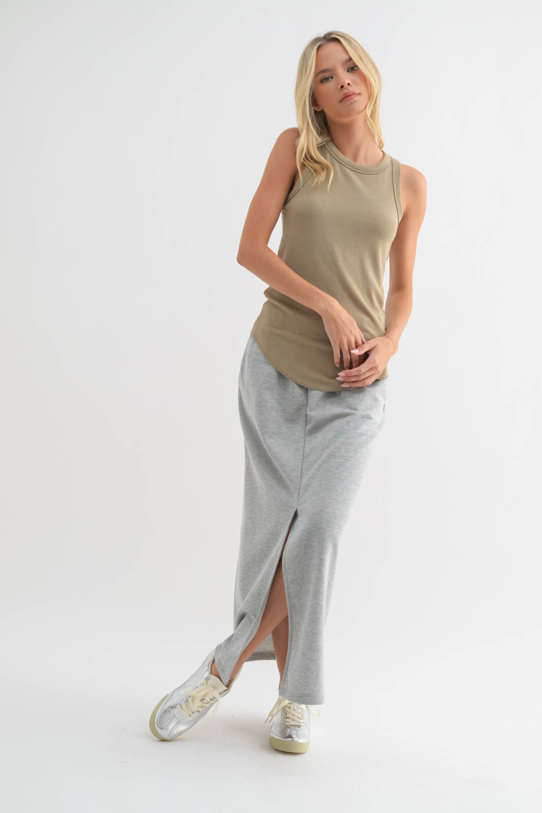Crew Neck Ribbed Knit Tank Top || Seagrass