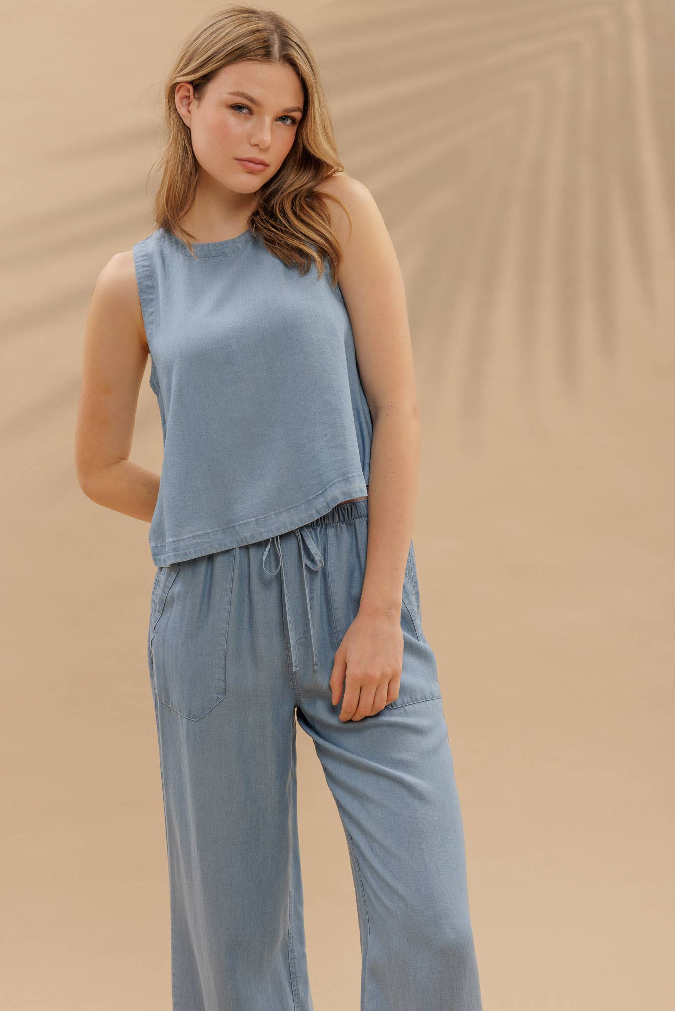 Drawstring Wide Leg Chambray Pants