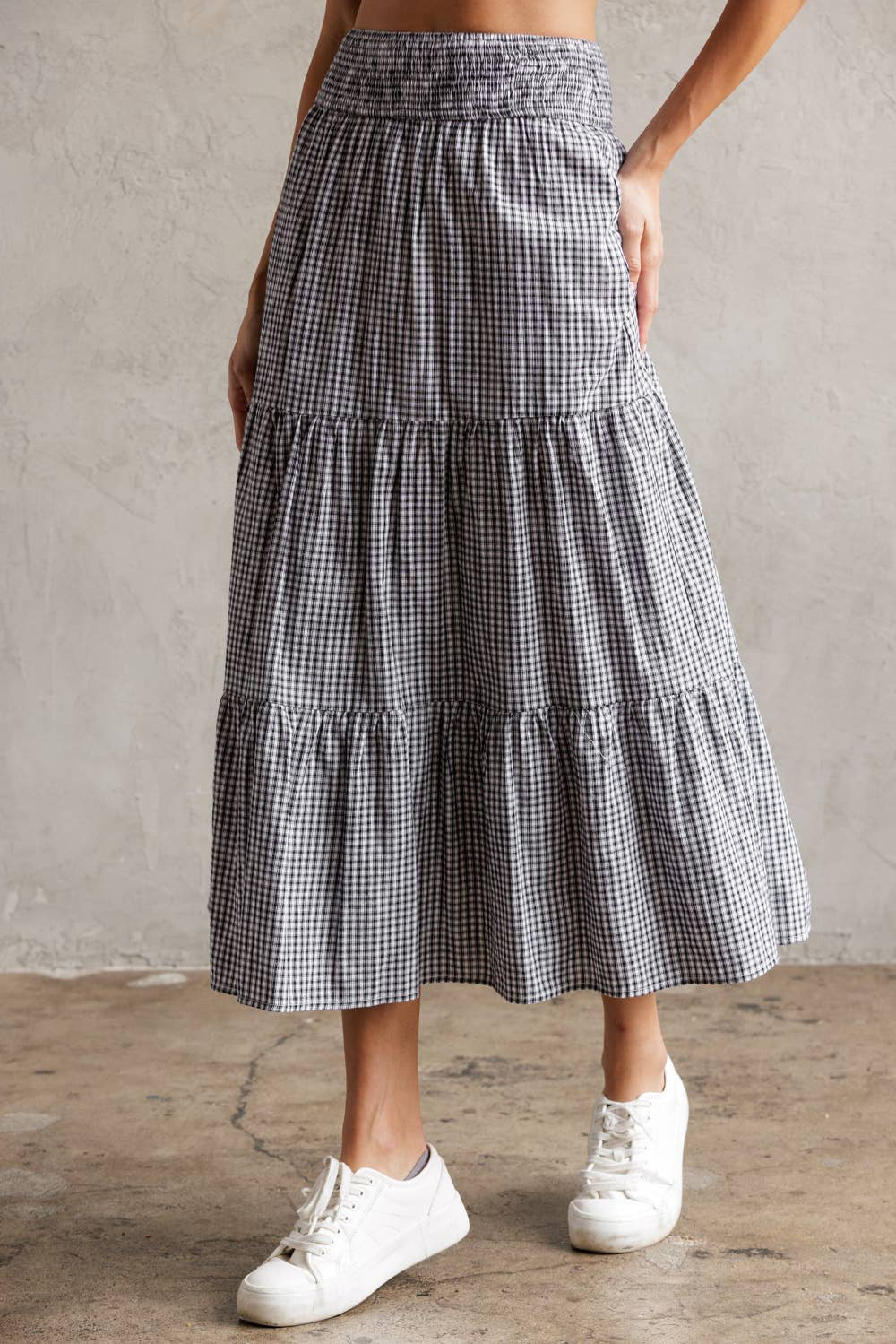 Tired Gingham Midi Skirt || Black/White Check