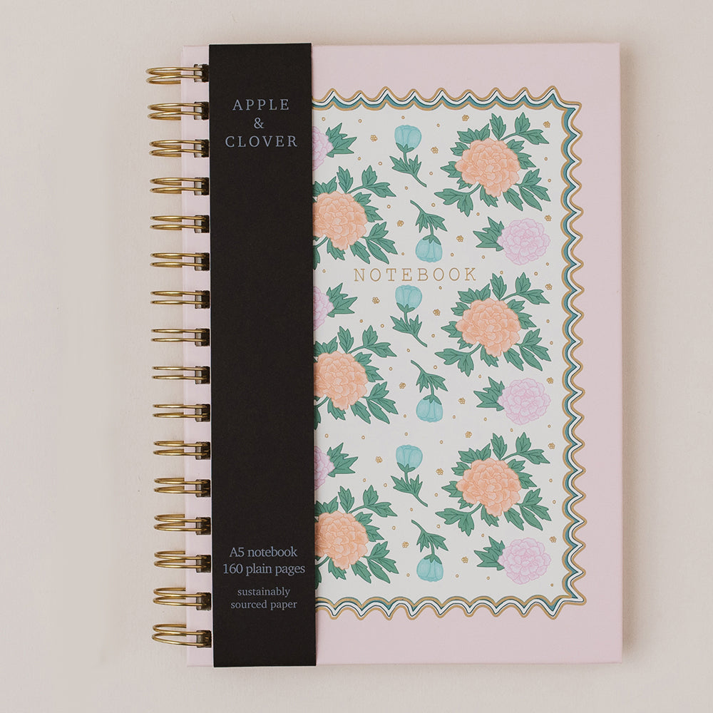 Hardback foiled floral ring-bound plain paper A5 notebook