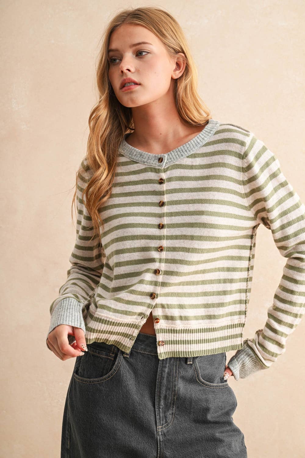Opal Striped Button Cardigan || Olive/Gray - LAST ONE S – Khanh