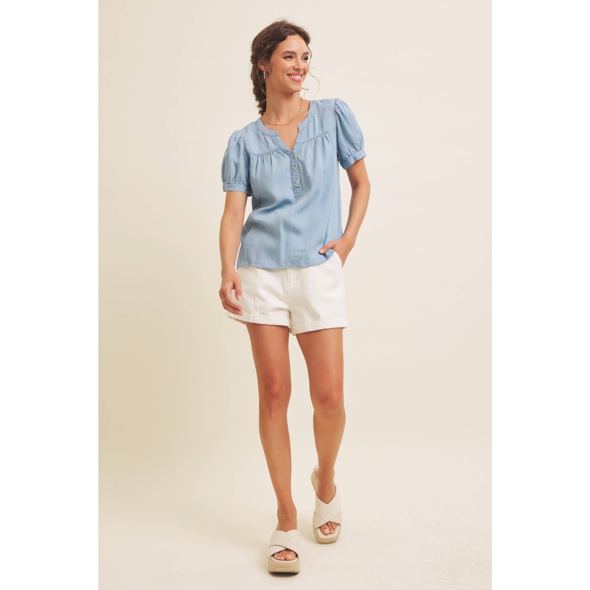 Mineral Washed Tencel Blouse Top with Puff Sleeves