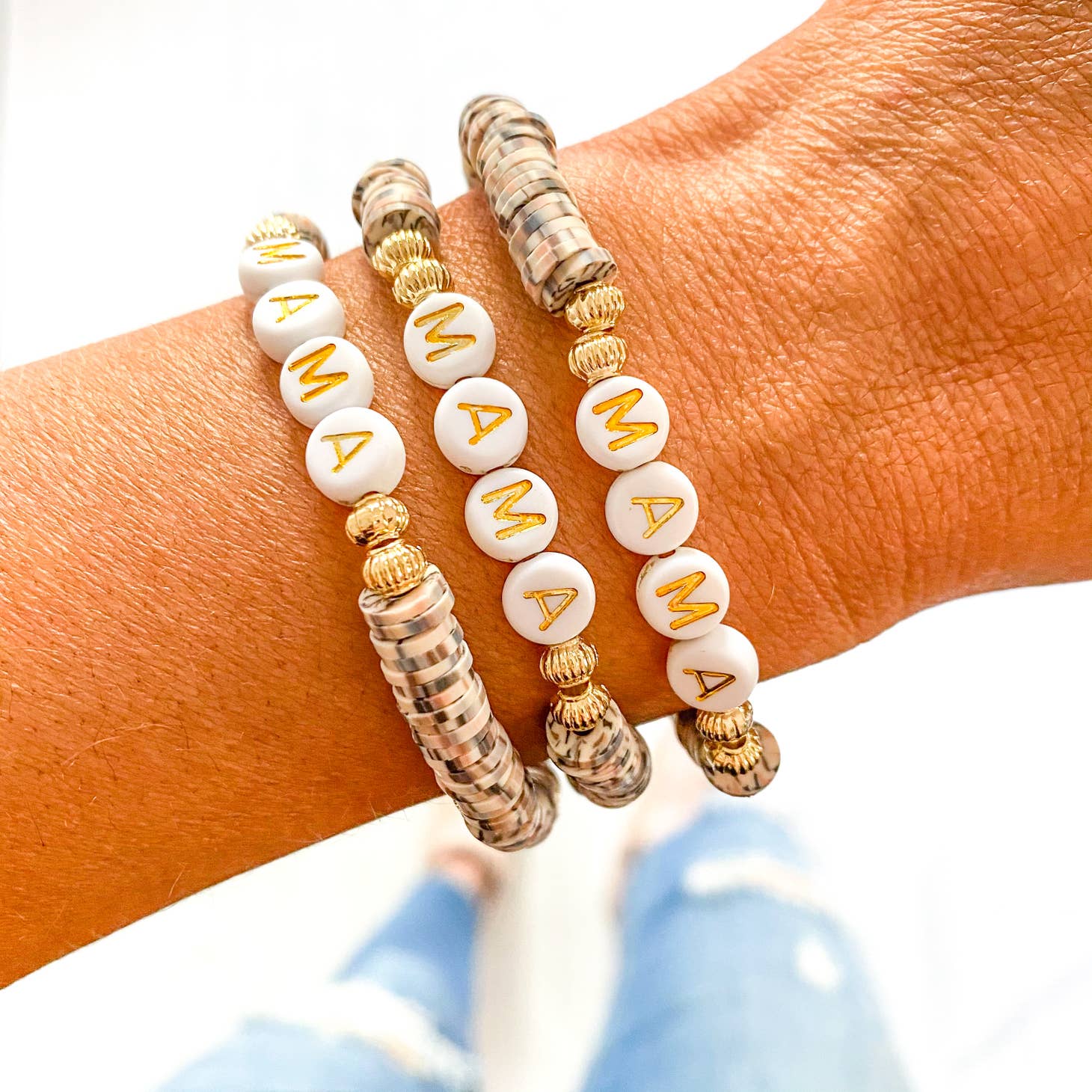 Gold Mama Bracelet | Brown Speckle Dalmatian Heishi Bracelet