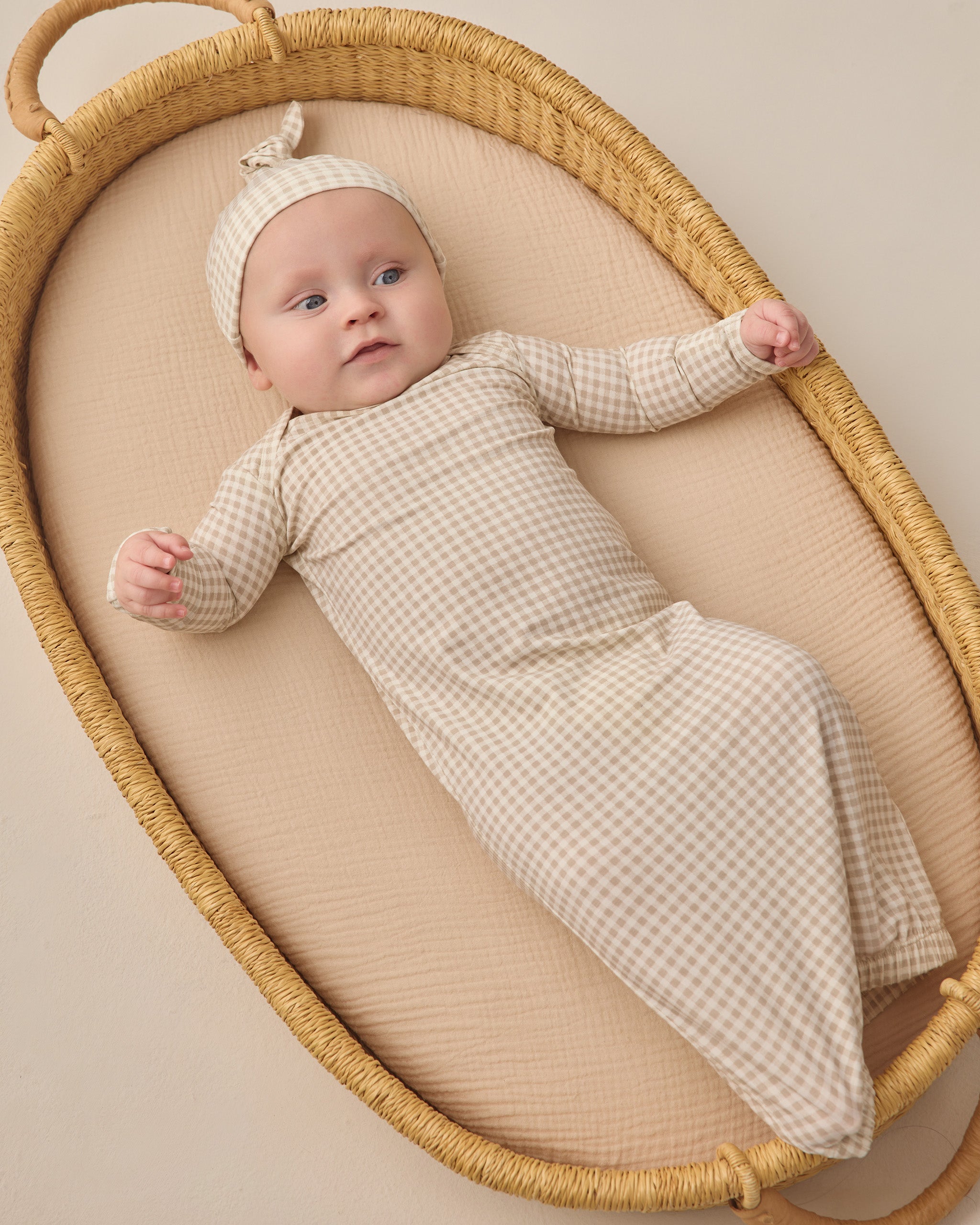 Bamboo Baby Gown + Hat Set || Oat Gingham