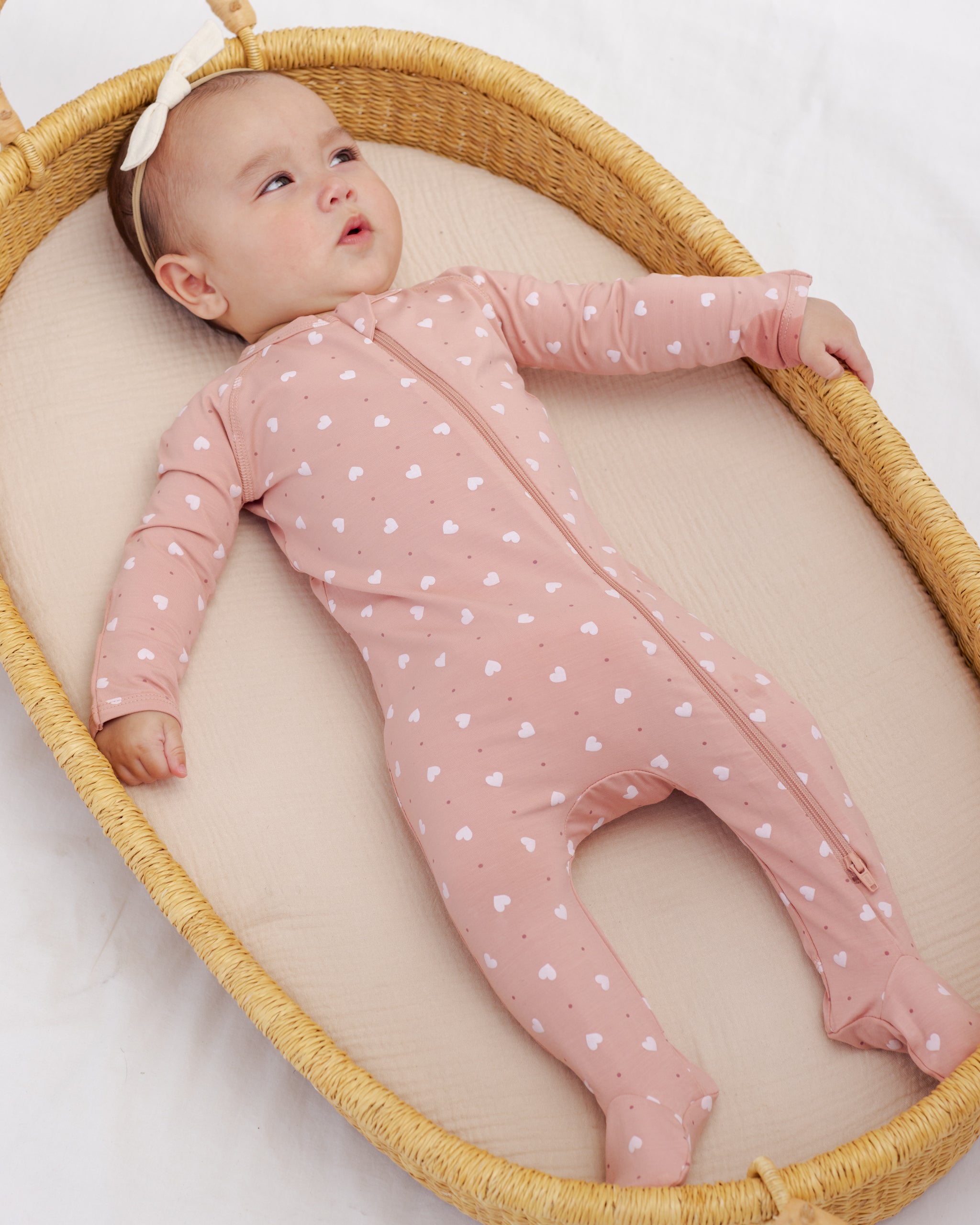 Bamboo Zip Footie || Pink Hearts - LAST 6/12M & 12/18M