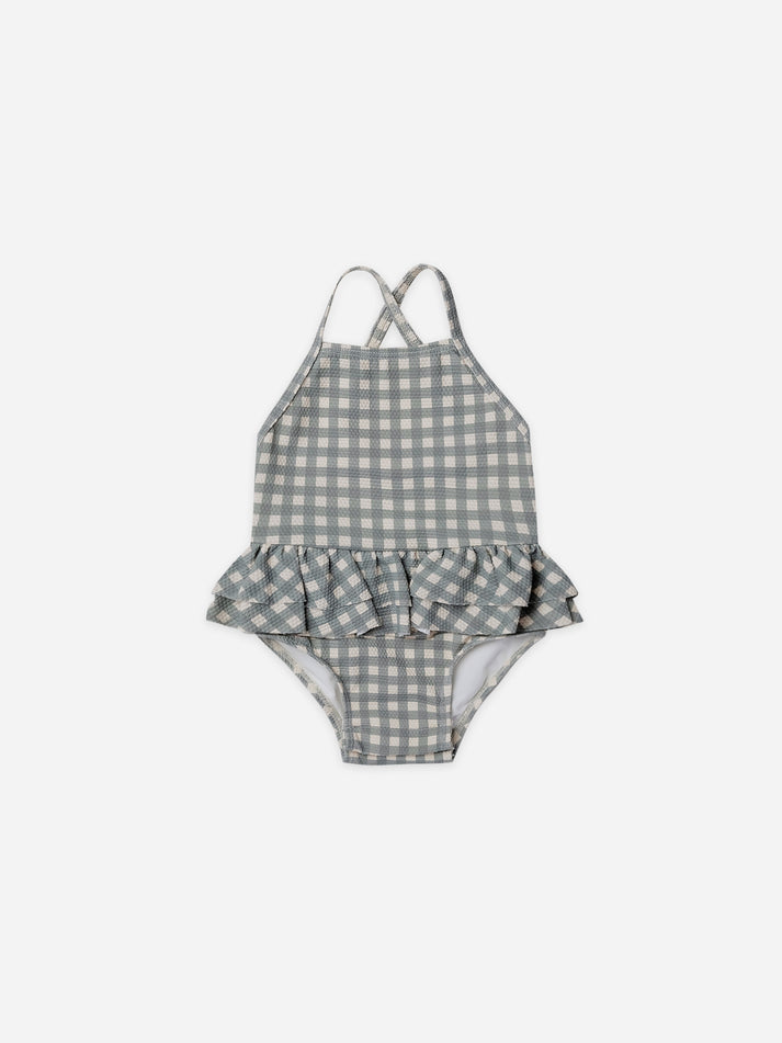 Ruffled One Piece Swimsuit | Sea Green Gingham