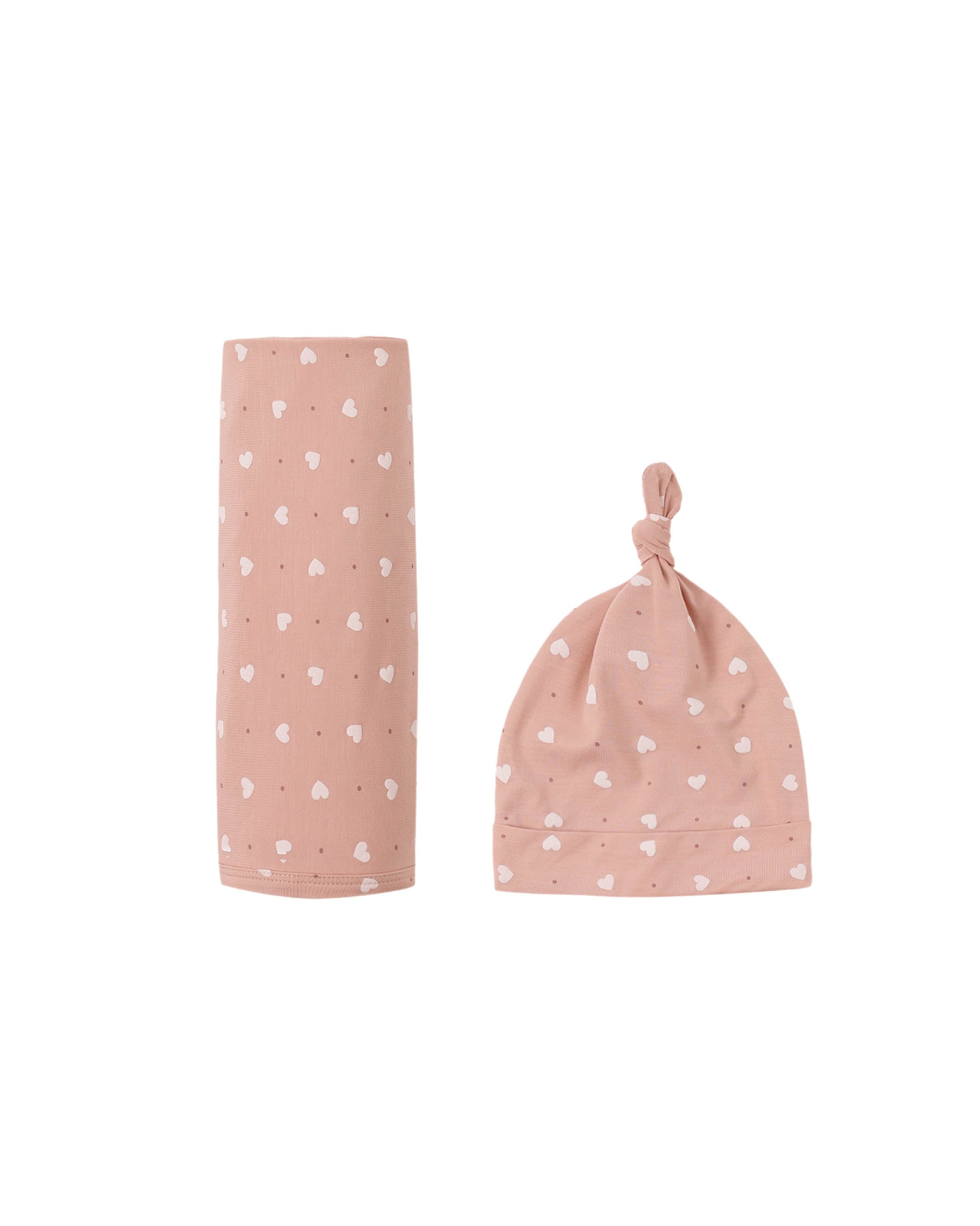 Bamboo Swaddle + Knotted Hat || Pink Hearts