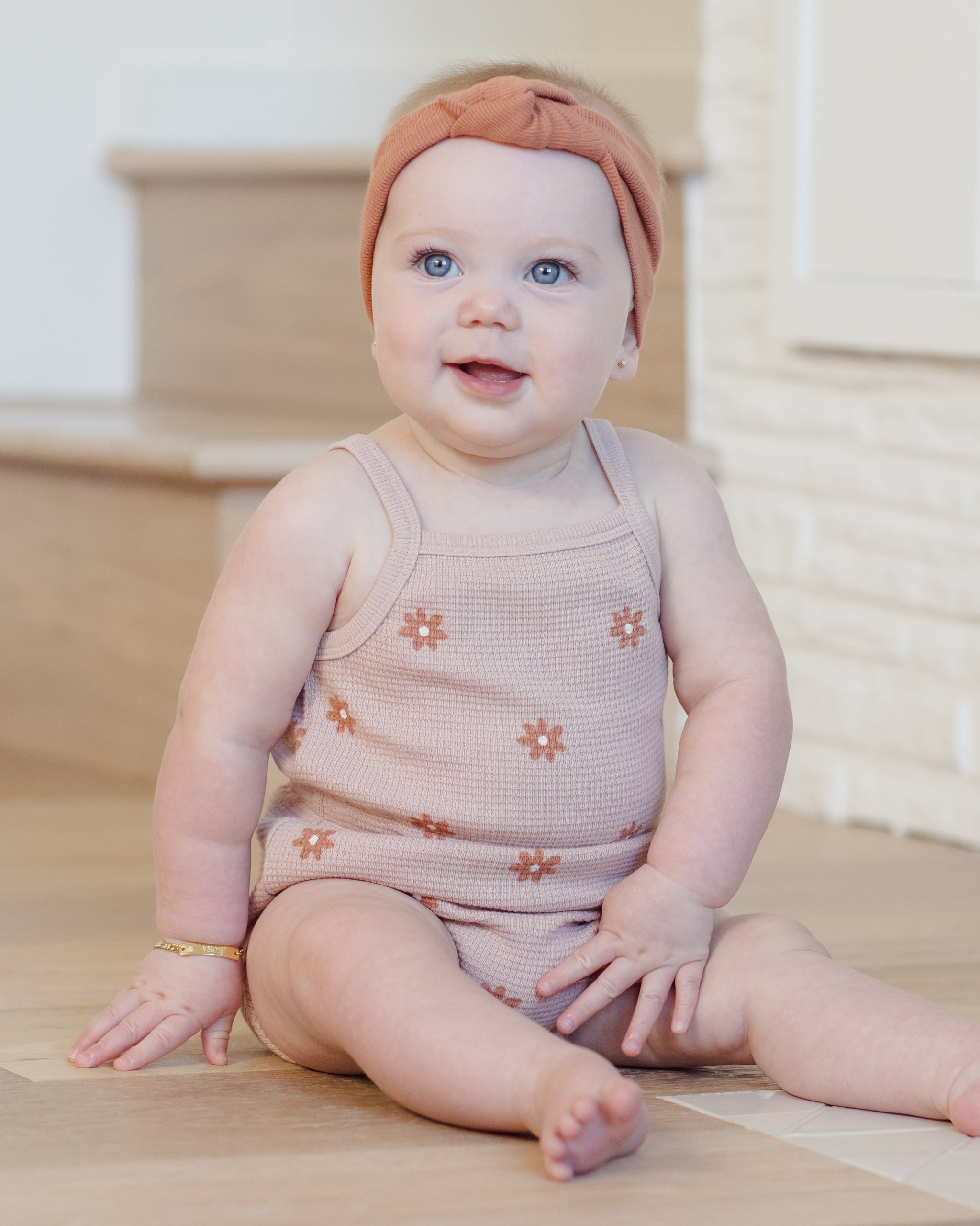 Waffle Cinch Romper || Pink Daisy